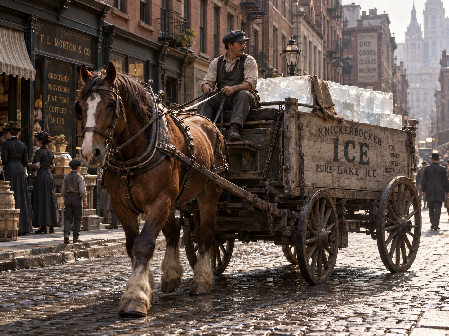 A horse-drawn Knickerbocker Ice wagon loaded with large ice blocks makes a delivery on a early-1900s Brooklyn street, with a driver at the reins and pedestrians and shopfronts lining the cobblestone road